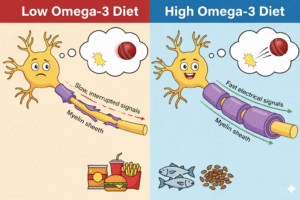 A comparative infographic showing how a high Omega-3 diet creates a healthy myelin sheath for fast electrical signals in the optic nerve compared to a low Omega-3 diet.