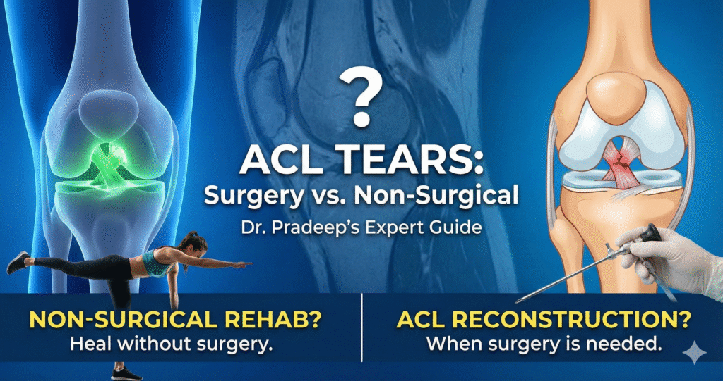 Dr. Pradeep Kocheeppan, Senior Consultant Orthopedician, explaining the best graft choices for ACL reconstruction to prevent knee instability.