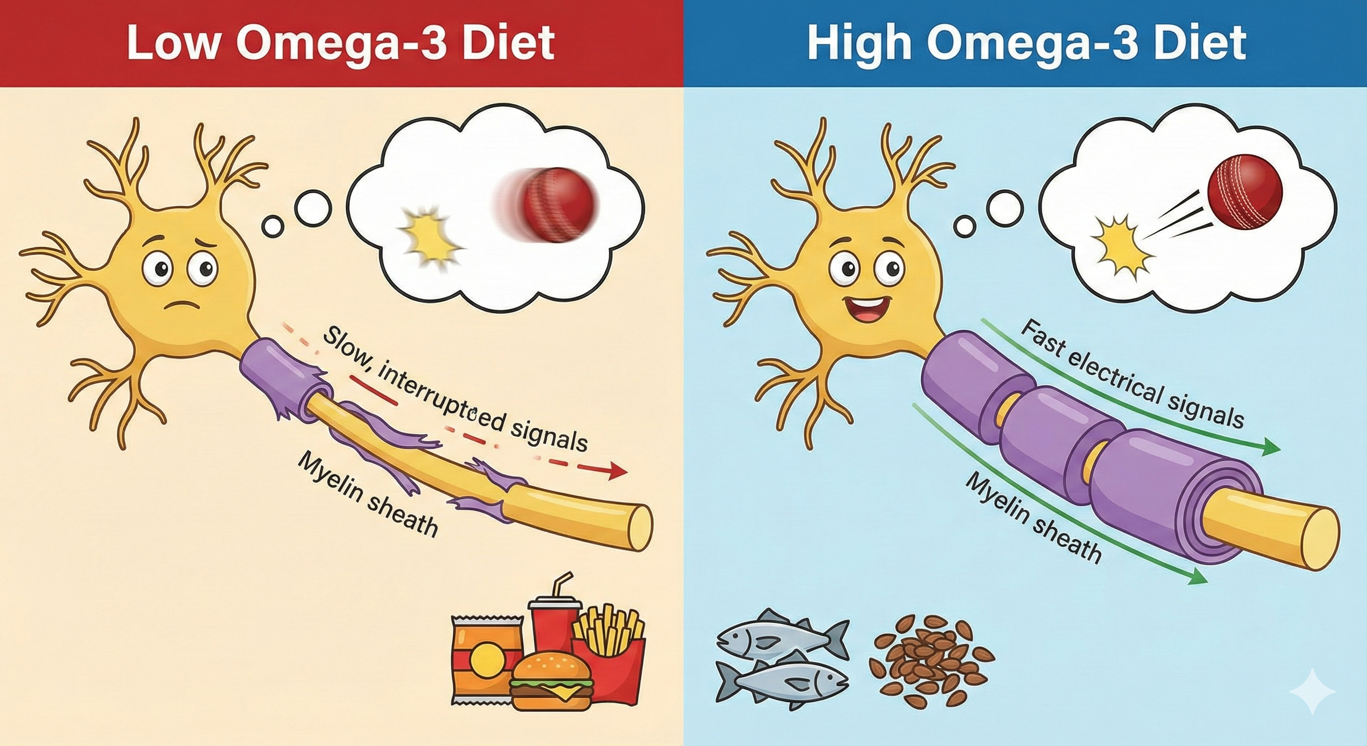 A comparative infographic showing how a high Omega-3 diet creates a healthy myelin sheath for fast electrical signals in the optic nerve compared to a low Omega-3 diet.