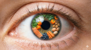 A conceptual close-up of a human eye with various healthy foods like salmon, walnuts, and greens reflected in the iris, symbolizing nutrition for sharp vision.