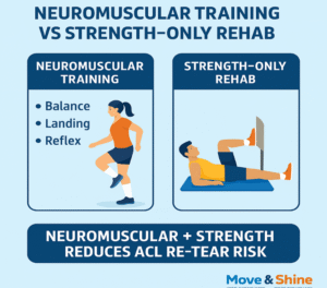 ACL Tears: Who Heals Without Surgery and Who Needs Reconstruction? A Complete Evidence-Based Guide for Patients & Physiotherapists 4 Infographic comparing neuromuscular training versus strength-only rehab for reducing ACL re-tear risk