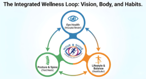 circular diagram showing the "Integrated Wellness Loop" connecting Eye Health (Myopia), Posture & Spine (Text Neck), and Lifestyle & Balance (Vestibular) at Move & Shine clinic.