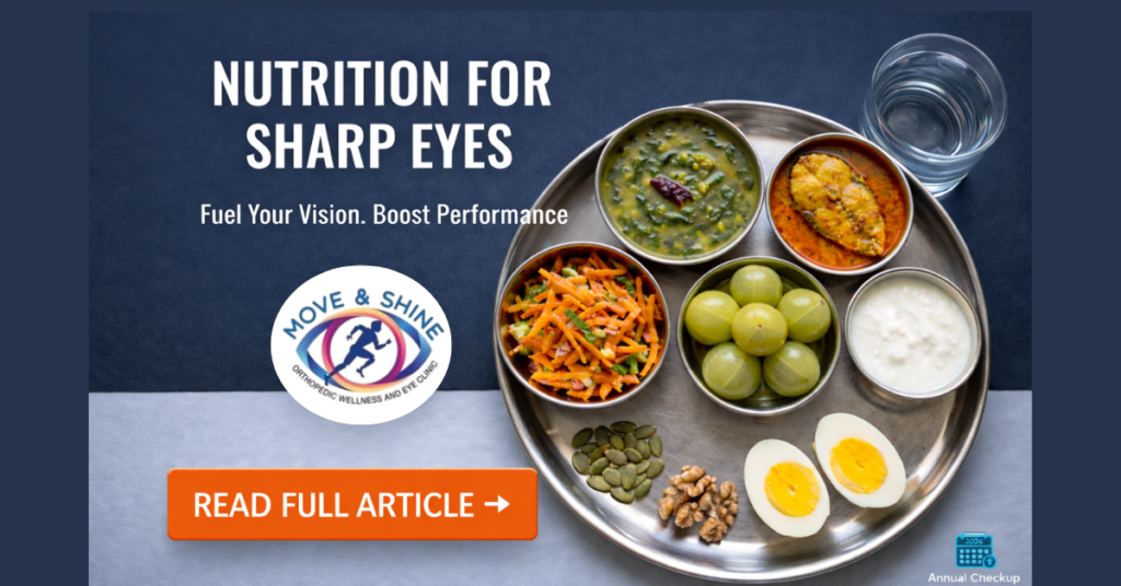 Balanced Indian thali with vegetables, lentils, eggs, seeds, yogurt, and fruits supporting eye nutrition and visual performance