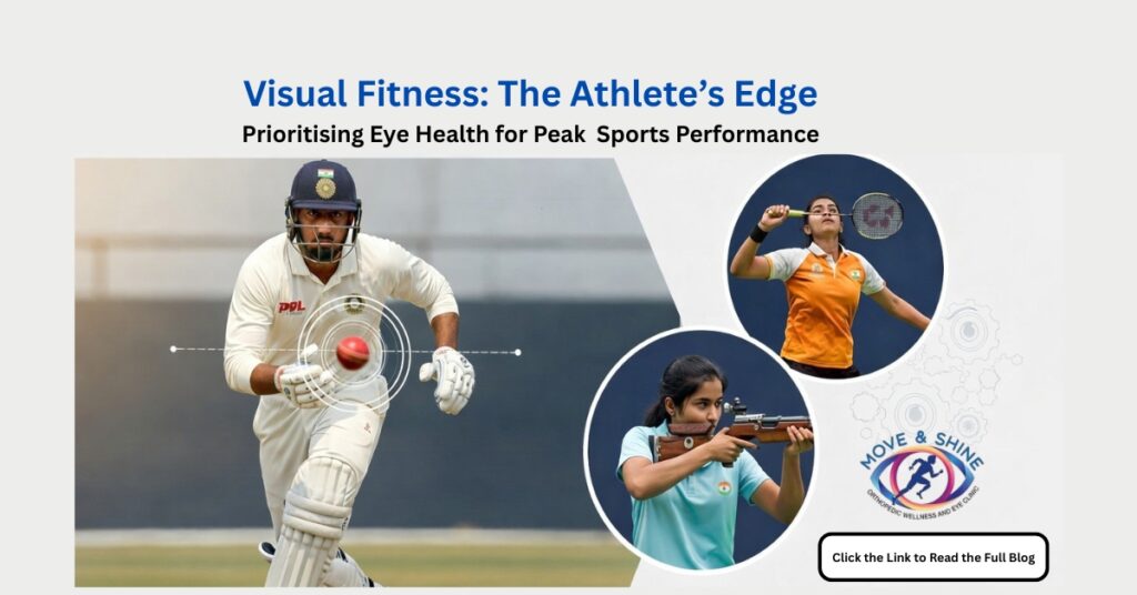 Banner showing Indian athletes from cricket, badminton, and shooting, highlighting visual fitness and eye health for peak sports performance, with focus on dynamic acuity and depth perception