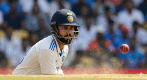 An Indian cricket batsman tracking a fast-moving ball to demonstrate dynamic visual acuity and sports eye health.