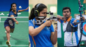 Why Indian Athletes (and Aspiring Sportspersons) Must Prioritise Eye Health 3 A collage of Indian athletes—PV Sindhu in badminton, a competitive shooter, and an archer—showing the intense visual demands and focus required for professional sports