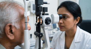 Professional medical eye exam illustration showing the importance of periodic eye checks for vision protection and athletic performance