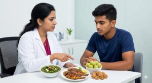 Dr. Donna Susan at Move & Shine Clinic explaining the link between a healthy diet—including palak, fish, and amla—and visual performance to a young athlete.
