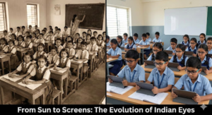 A family of four, all wearing glasses, sitting together on a couch but individually focused on laptops, tablets, and smartphones in a dimly lit room, illustrating the impact of excessive screen time on rising myopia rates.