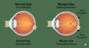 A medical diagram comparing a normal eye (Emmetropia) where light focuses on the retina to a myopic eye where axial elongation causes light to focus in front of the retina.