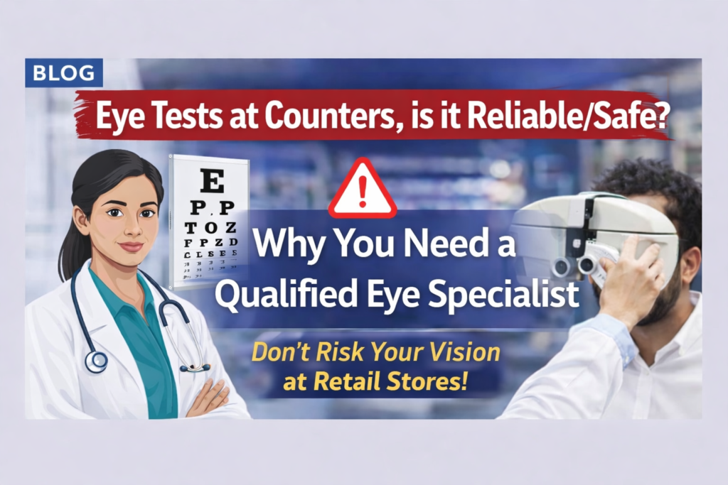 Eye specialist examining vision risks while a retail eye test is conducted, highlighting the importance of qualified eye examinations.