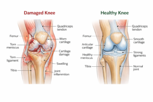 Medical illustration comparing a damaged knee with cartilage loss, torn meniscus, swelling, and inflammation versus a healthy knee with smooth cartilage and stable ligaments.