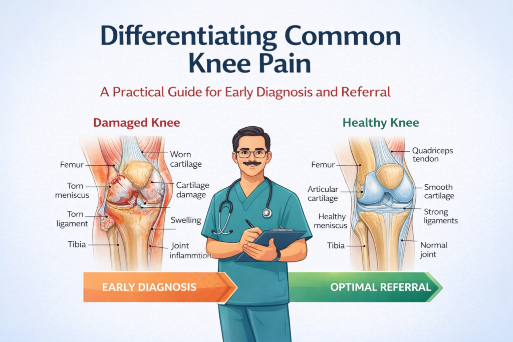 Medical infographic comparing damaged and healthy knee anatomy with a vector doctor illustration, highlighting early diagnosis and appropriate referral in knee pain.