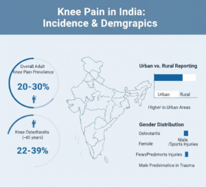 nfographic showing knee pain incidence in India with prevalence rates, urban versus rural reporting, age distribution, and gender differences in osteoarthritis and trauma-related injuries