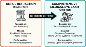 A visual representation of tunnel vision caused by Glaucoma, described as the silent thief of sight that is often missed by quick retail vision checks.