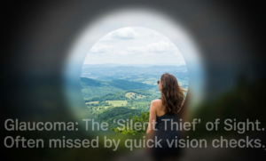 A smiling woman with clear vision looking at a mountain landscape, representing the goal of integrated eye care and wellness at Move & Shine.