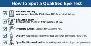 An infographic checklist for a qualified eye test including detailed medical history, slit lamp exam, pressure check, and dilation performed by a qualified ophthalmologist or optometrist.
