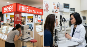 A comparison chart showing the difference between a retail refraction counter test which focuses only on lens power, and a comprehensive medical eye exam at a clinic which screens for glaucoma and total eye health.