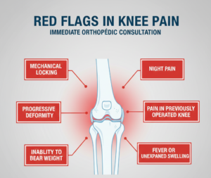 Illustration highlighting red flag symptoms in knee pain including mechanical locking, night pain, progressive deformity, inability to bear weight, fever, and pain in previously operated knee.