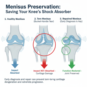 Diagram explaining meniscus preservation showing a healthy meniscus absorbing shock, a torn bucket-handle meniscus causing cartilage damage, and a repaired meniscus restoring joint function.