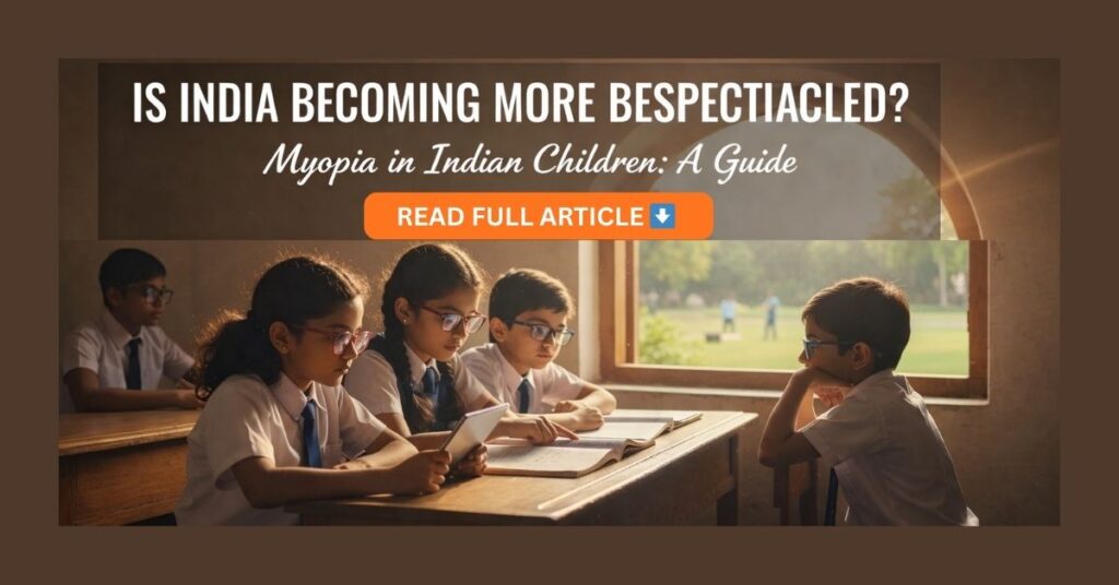 A group of Indian school children wearing glasses while studying with books and tablets in a sunlit classroom, illustrating the rise of myopia in Indian children.