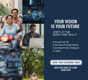 Glaucoma Without Symptoms: Why Regular Eye Checkups Can Save Your Vision 5 Glaucoma screening awareness poster in Bangalore encouraging people over 40 to book eye checkup for early detection of optic nerve damage