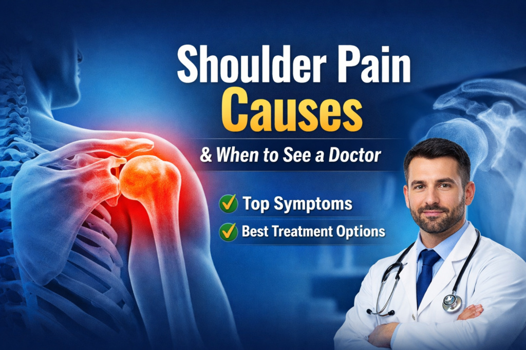 Shoulder pain causes and when to see a doctor – medical illustration showing inflamed shoulder joint with orthopedic specialist explaining symptoms and treatment options.