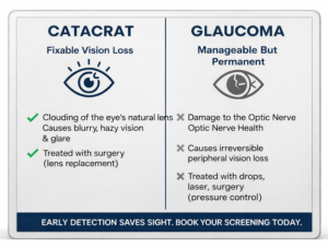 Glaucoma Without Symptoms: Why Regular Eye Checkups Can Save Your Vision 4 Cataract vs glaucoma comparison chart showing fixable lens clouding vs permanent optic nerve damage and vision loss differences