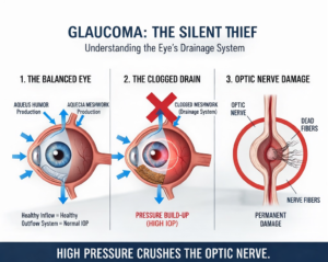 Glaucoma Without Symptoms: Why Regular Eye Checkups Can Save Your Vision 1 Glaucoma silent thief infographic showing eye drainage blockage, high intraocular pressure (IOP), and optic nerve damage stages explained