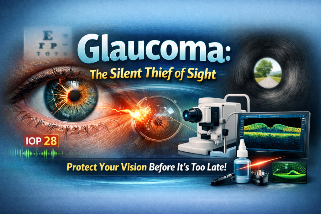 Glaucoma silent symptoms awareness banner showing optic nerve damage, high eye pressure (IOP 28), tunnel vision effect, OCT eye scan machine, and message “Protect Your Vision Before It’s Too Late” highlighting importance of regular eye checkups for early glaucoma detection. If you want a slightly more localized SEO version (for Bangalore audience), use this: Glaucoma without symptoms featured image showing optic nerve damage and eye pressure testing, OCT scan and visual field analysis machine, promoting regular eye checkups in Bangalore to prevent vision loss.
