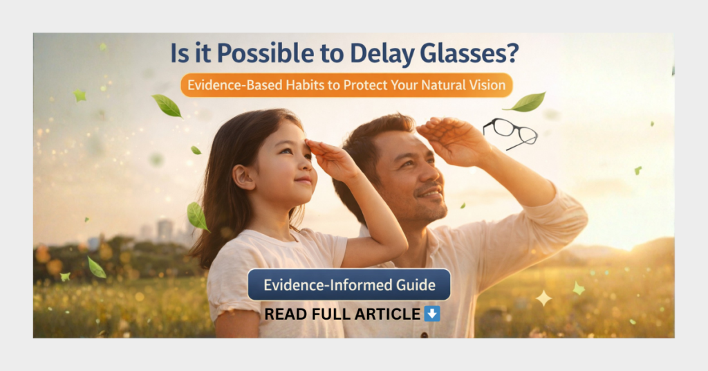 Father and daughter looking into the distance outdoors, illustrating an article about delaying the need for glasses and protecting natural vision.