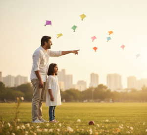Father and young daughter standing in a park, watching colorful kites flying in the sky.
