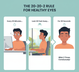 Visual guide showing the 20-20-2 rule: take a break every 20 minutes, look 20 feet away, and blink for 20 seconds.
