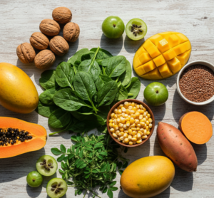 Healthy food ingredients including fruits, leafy greens, nuts, and whole grains displayed together.