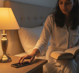 Woman sitting on bed reading a book and tapping her smartphone beside a bedside lamp at night.