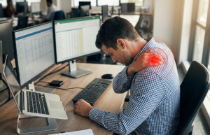 Shoulder Pain Explained: Rotator Cuff Injuries, Frozen Shoulder & Common Mistakes That Make It Worse 2 ": Sitting for eight hours with rounded shoulders puts immense pressure on the front of the shoulder joint and overstretches the back muscles.