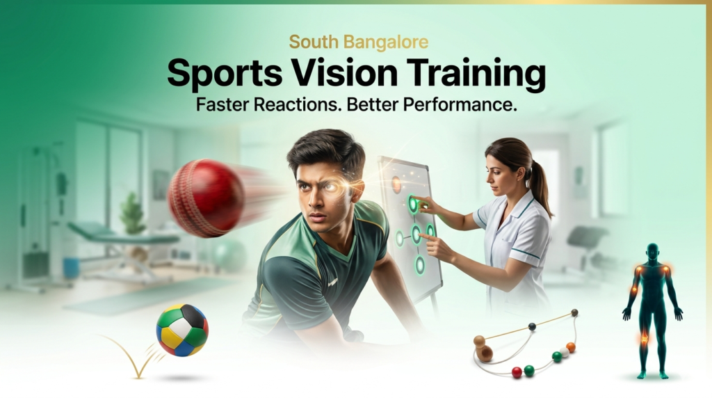 Professional Sports Vision Training in South Bangalore at Move and Shine Clinic featuring an athlete and therapist performing reaction time drills.