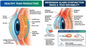 Anatomy of the human eye showing Meibomian glands and the tear film layers affected by dry eye syndrome.