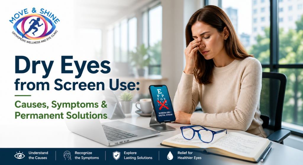 Professional woman experiencing digital eye strain and dry eyes from screen use while working in a modern office.