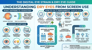 Person practicing the 20-20-20 rule to reduce digital eye strain and dry eyes from screen use.