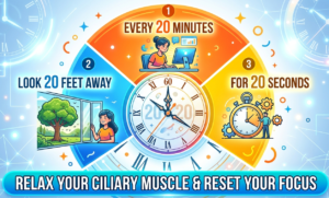 An instructional graphic of the 20-20-20 rule to combat Digital Eye Strain, explaining how to relax the ciliary muscle by looking 20 feet away for 20 seconds every 20 minutes.