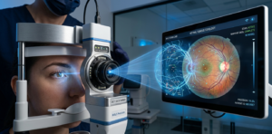 A precision OCT scanner at M & S Vision Care performing a retinal fundus topology scan to monitor ocular health and detect early signs of diabetic retinopathy or glaucoma.