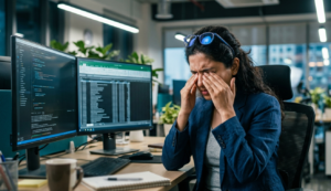 rofessional experiencing dry eyes from screen use and digital eye strain symptoms.