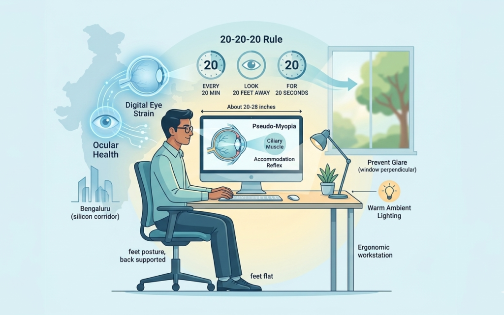 A professional medical illustration for a blog on Digital Eye Strain in India, featuring a centered ergonomic workstation layout, the 20-20-20 rule, and ocular health diagrams with safe padding on all sides for WordPress cropping.