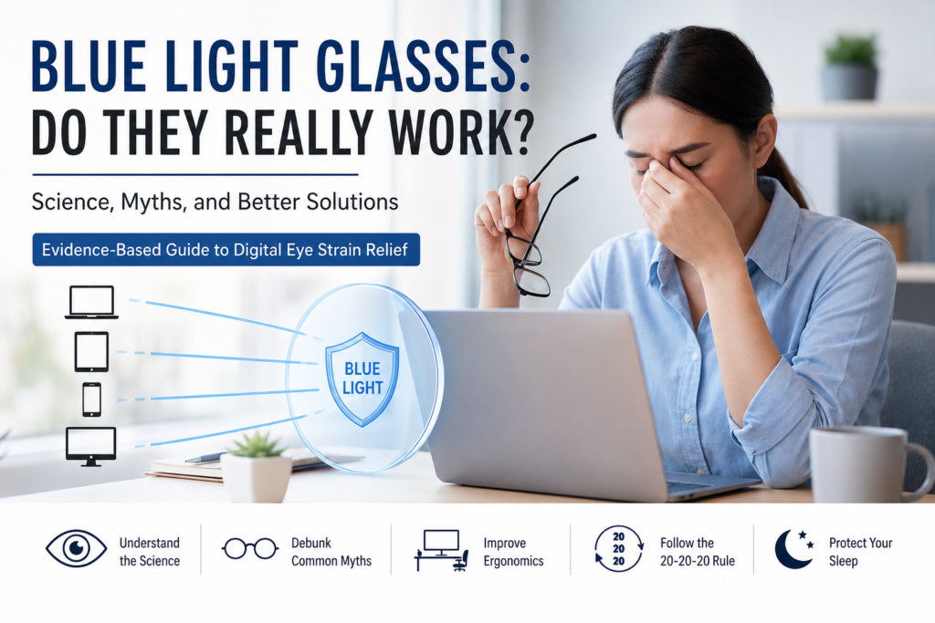 Featured image showing a tired office professional using a laptop while holding blue light glasses, illustrating digital eye strain and screen fatigue. The infographic-style design explains blue light glasses, eye strain myths, sleep effects, ergonomics, and the 20-20-20 rule for Computer Vision Syndrome relief.