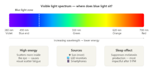 Illustration showing the visible light spectrum with the blue light zone highlighted between 380–490 nm, explaining how blue light from smartphones, LED monitors, and sunlight contributes to digital eye strain, visual fatigue, and sleep disruption by affecting melatonin production.