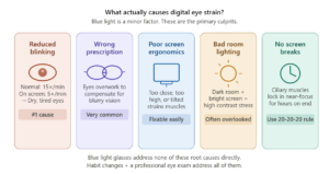 Infographic explaining the real causes of digital eye strain and Computer Vision Syndrome, highlighting reduced blinking, incorrect prescription glasses, poor screen ergonomics, bad room lighting, and lack of screen breaks as the primary causes of eye fatigue, dry eyes, blurry vision, and screen-related discomfort — not blue light alone.