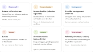 Infographic explaining common shoulder pain causes and treatment conditions, including rotator cuff tear, frozen shoulder, shoulder impingement syndrome, bursitis, shoulder arthritis, and referred pain, with symptoms and risk factors for each condition.
