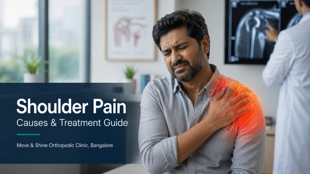 South Asian man holding painful shoulder with red heat map indicating shoulder pain — Move & Shine Orthopedic Clinic Bangalore shoulder pain causes and treatment guide