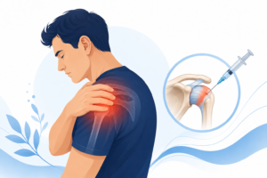 Flat medical illustration of a person holding a painful shoulder with a shoulder joint injection graphic, representing frozen shoulder and corticosteroid injection treatment.